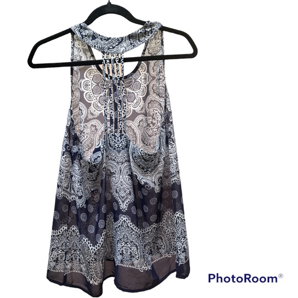 Elodie Sheer Sleeveless Bandana Print Blouse with Cut Out String Back - Picture 5 of 7